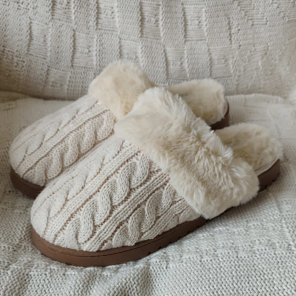 NEW Cable Knit Faux Fur Scuff Slippers J. Crew Size 8